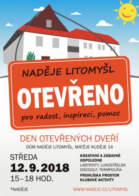 NADĚJE, POBOČKA LITOMYŠL VÁS SRDEČNĚ ZVE NA DEN OTEVŘENÝCH DVEŘÍ, KTERÝ SE KONÁ DNE 12. 09. 2018 od 15-18 hodin.