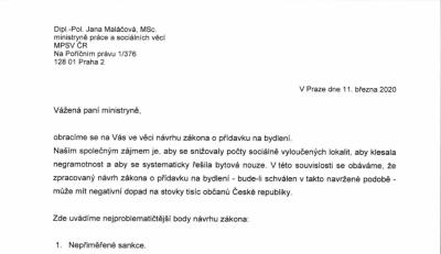 Platofma 10: návrh zákona o přídavku na bydlení může poškodit stovky tisíc obyvatel ČR